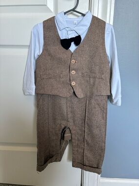 Toddler Brown Tweed Vest & Pants Outfit with Light Blue Shirt and Black Bow